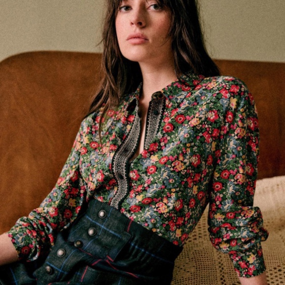 Sezane Ann Floral Shirt California Print Long Sleeve Silk Green Black Size Small